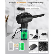 Electric Compressed Air Duster – 100000RPM Cordless Blower with LED Light, 3-Speed Power, 8000mAh Rechargeable Battery – for PC, Keyboard, Car & Electronics (Black)