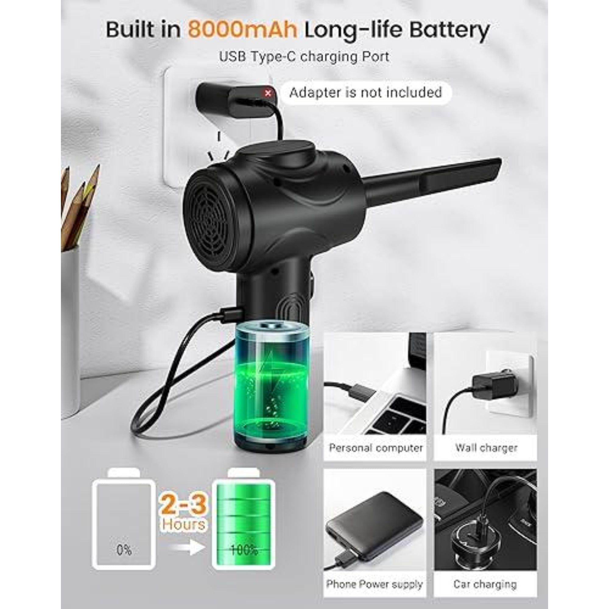 Electric Compressed Air Duster – 100000RPM Cordless Blower with LED Light, 3-Speed Power, 8000mAh Rechargeable Battery – for PC, Keyboard, Car & Electronics (Black)