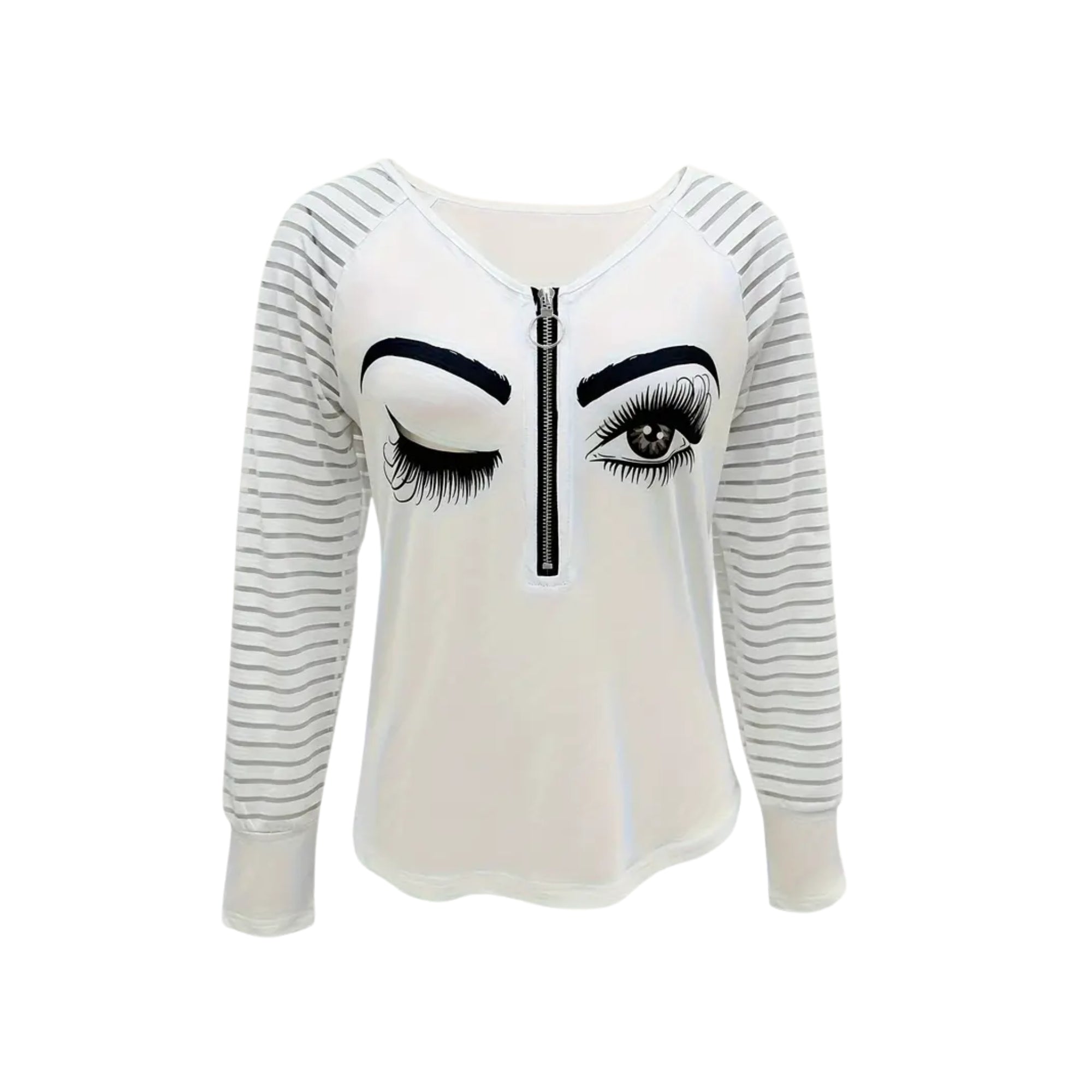 Women's Playful Cartoon Face Print Long Sleeve V-Neck Top - Size Medium