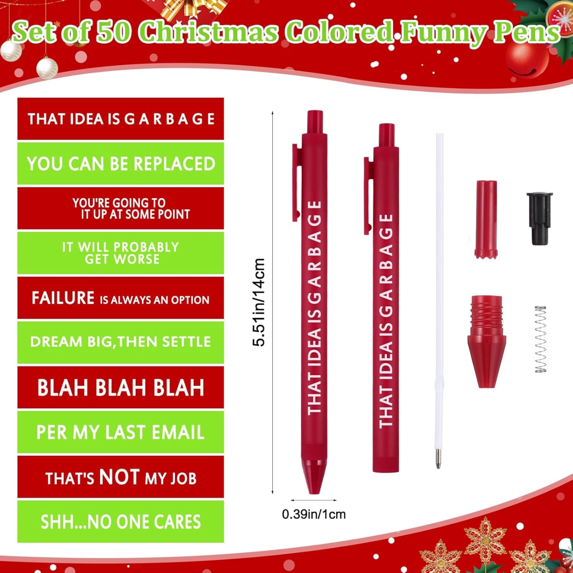 Geyoga 50-Pack Christmas Funny Pens – Snarky & Sarcastic Ballpoint Pens with Negative Quotes, Green & Red