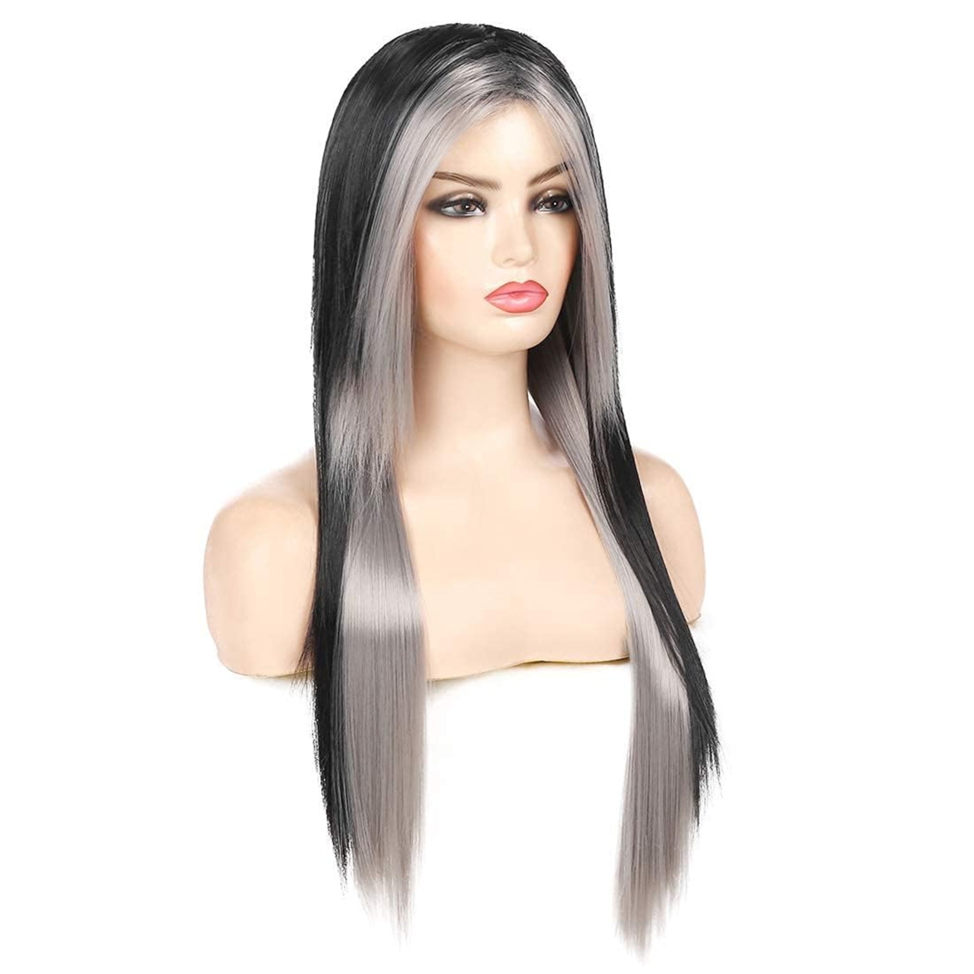 Baruisi Long Black & Grey Wig – Silky Straight Synthetic Costume Wig with Side Bangs, Heat Resistant