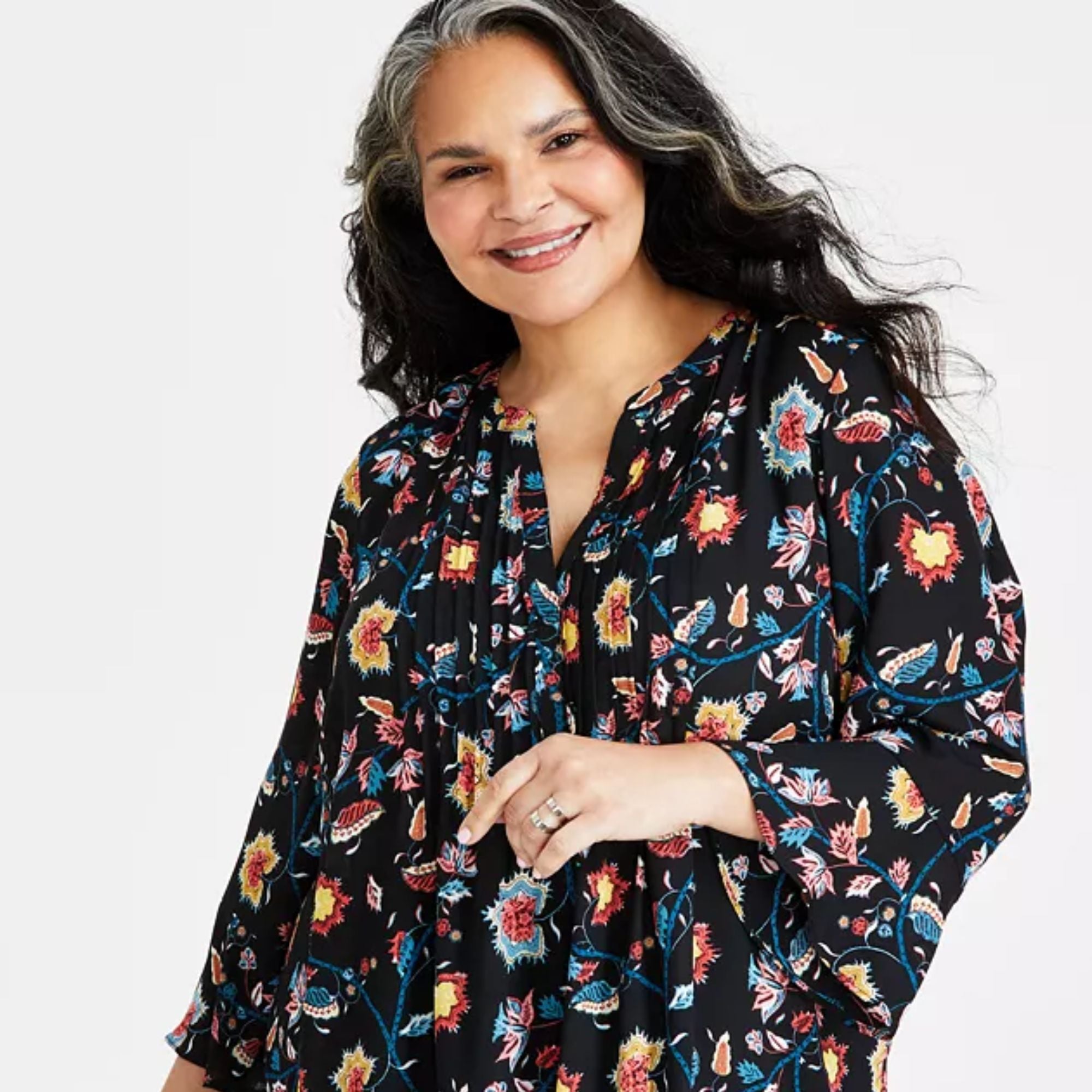 Style & Co Plus Size Printed Pintuck Blouse - Pearl Black 0X