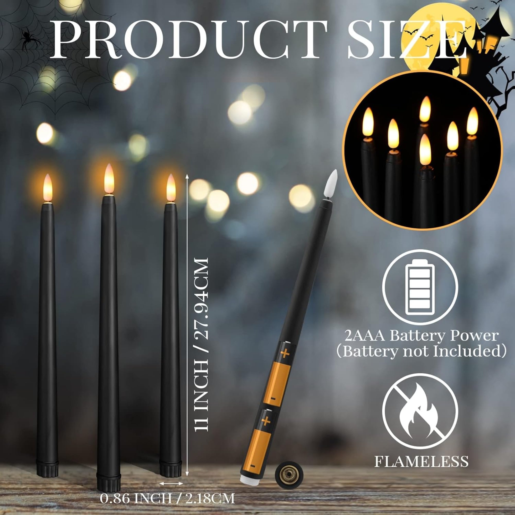 Macarrie 24-Pack Flameless Taper Candles – 11" Battery Operated LED Candlesticks – Black