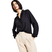 Bar III Women's Long Sleeve Ruffled Blouse – Black, Size XL