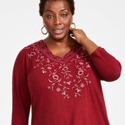 Style & Co Plus Size Embroidered V-Neck Knit Tunic Top - Scarlet Crush 3X