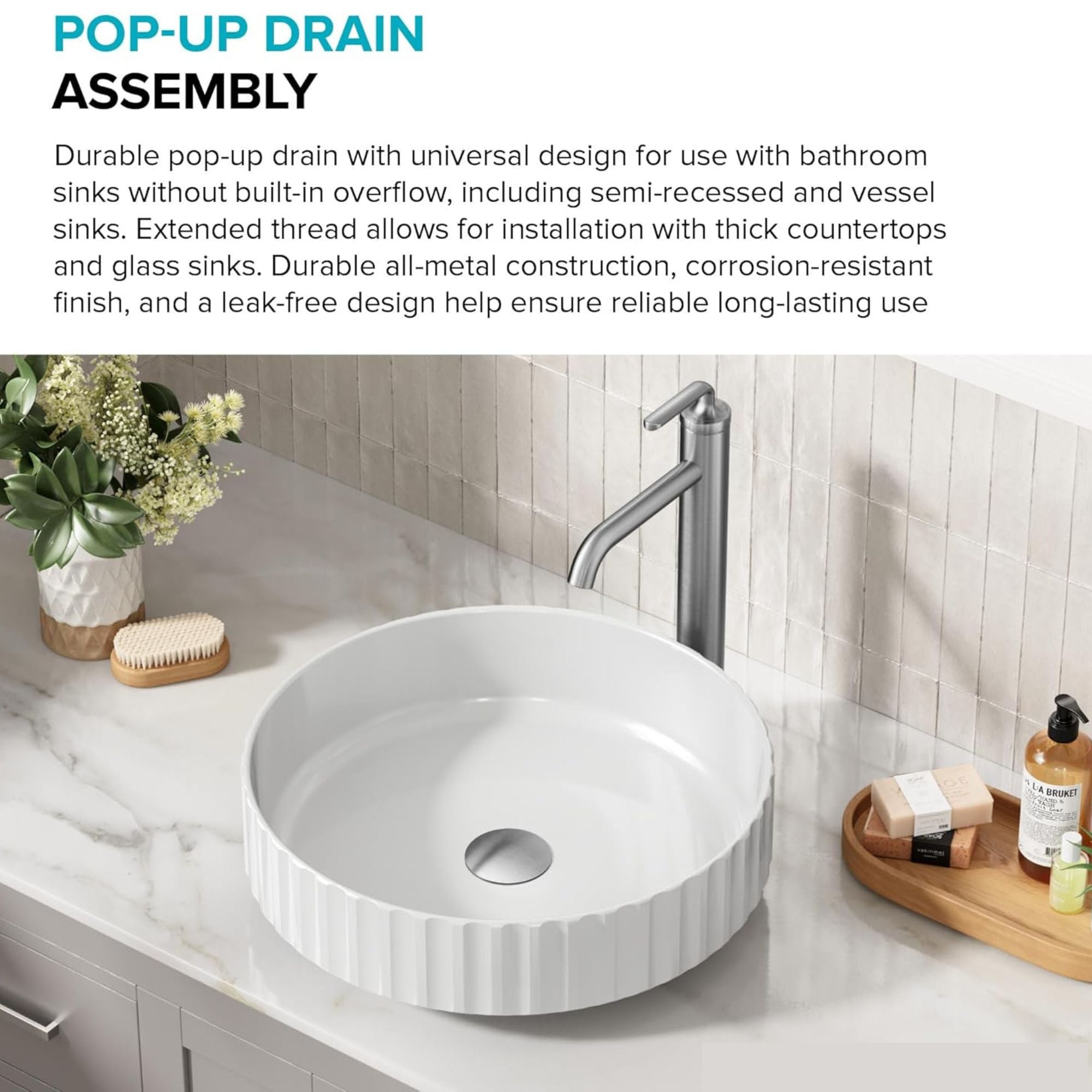 KRAUS PU-10SN Pop-Up Drain in Satin Nickel – Brass Construction, No Overflow