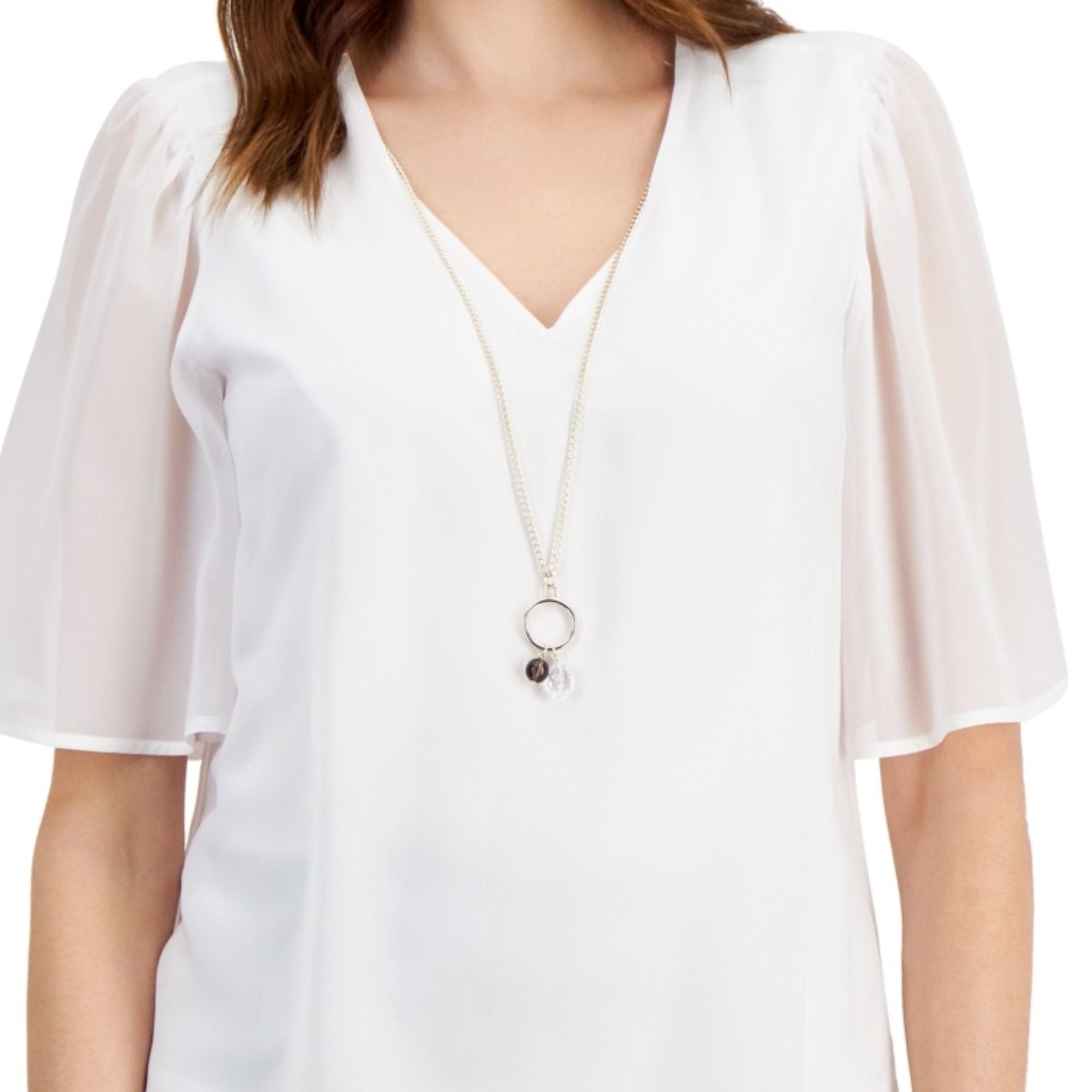 JM Collection Women's Flutter-Sleeve Necklace Top – Bright White, 2XL