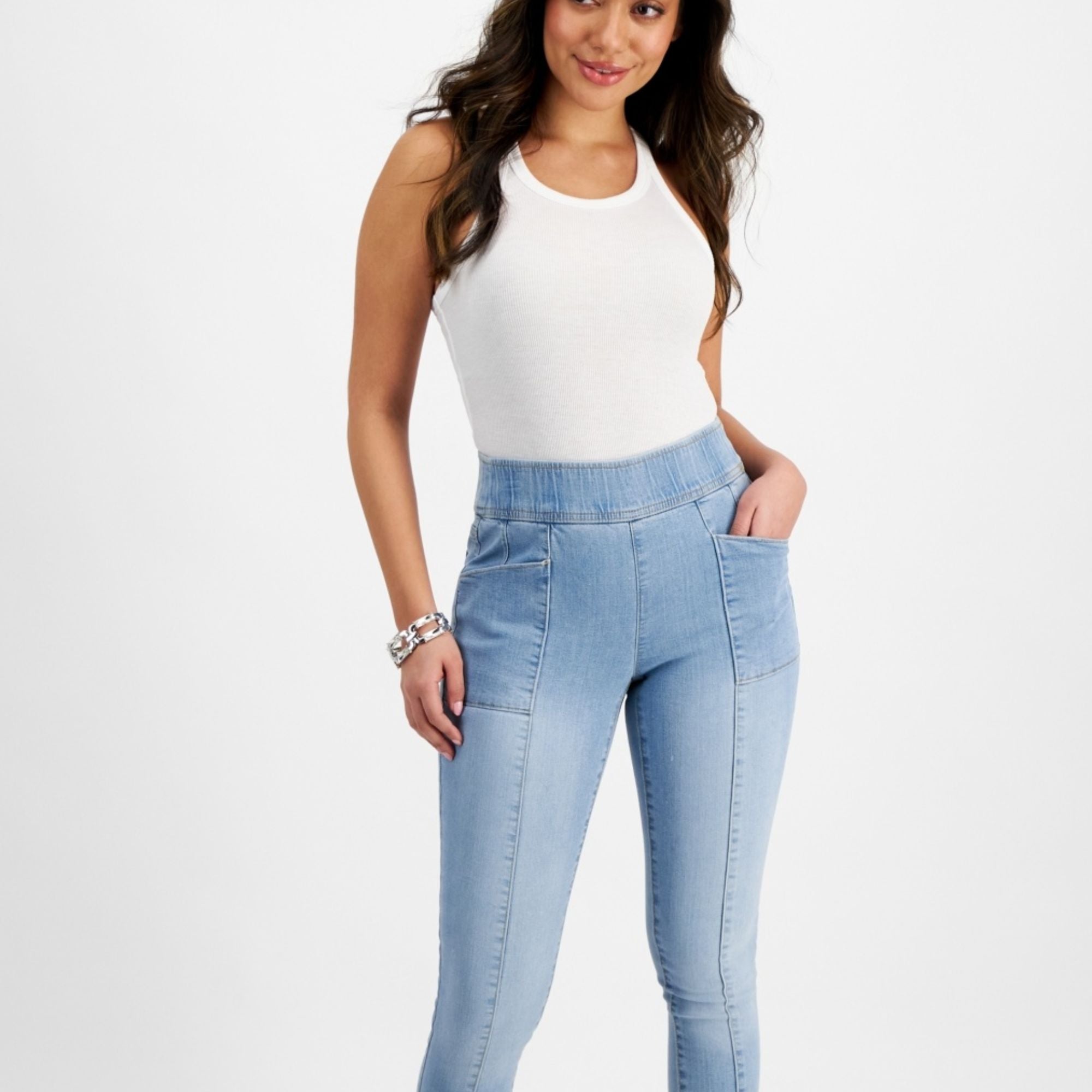 I.N.C. International Concepts Petite High-Rise Seamed Pull-On Skinny Jeans – Light Indigo, Size 10P