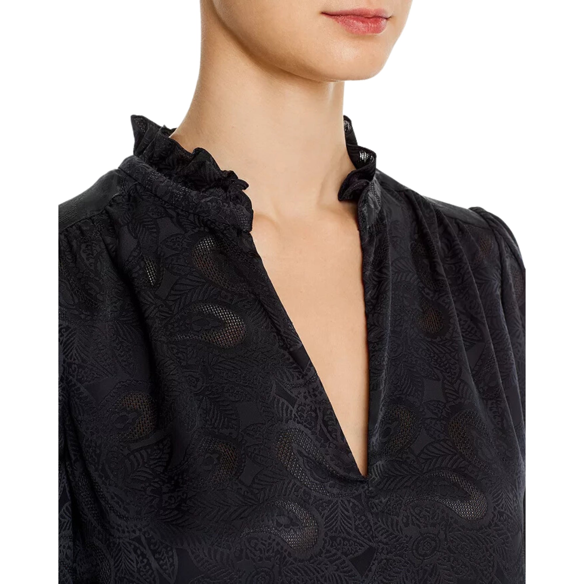 Joie Women S Black Caviar 3/4 Sleeve Ruffle V-neck Empriss Top Size XS