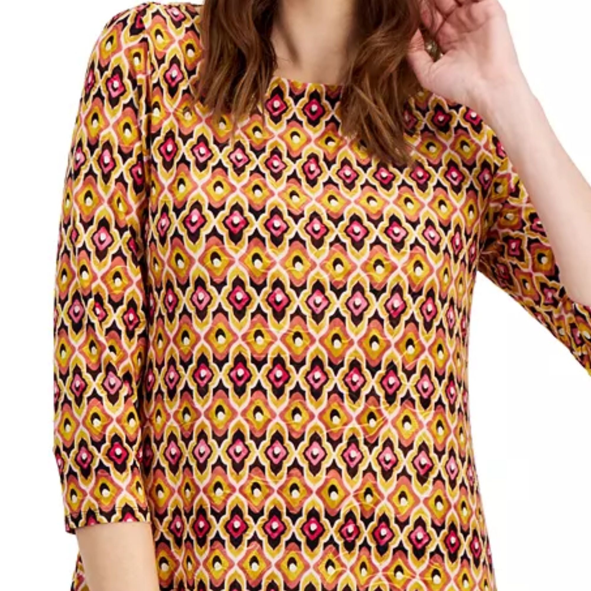 JM Collection Women's Geo-Print Jacquard Swing Top – Mustard Seed Combo, S