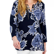 JM Collection Women's 3/4 Sleeve Printed Chain Lace-up Tunic – Intrepid Blue, XL