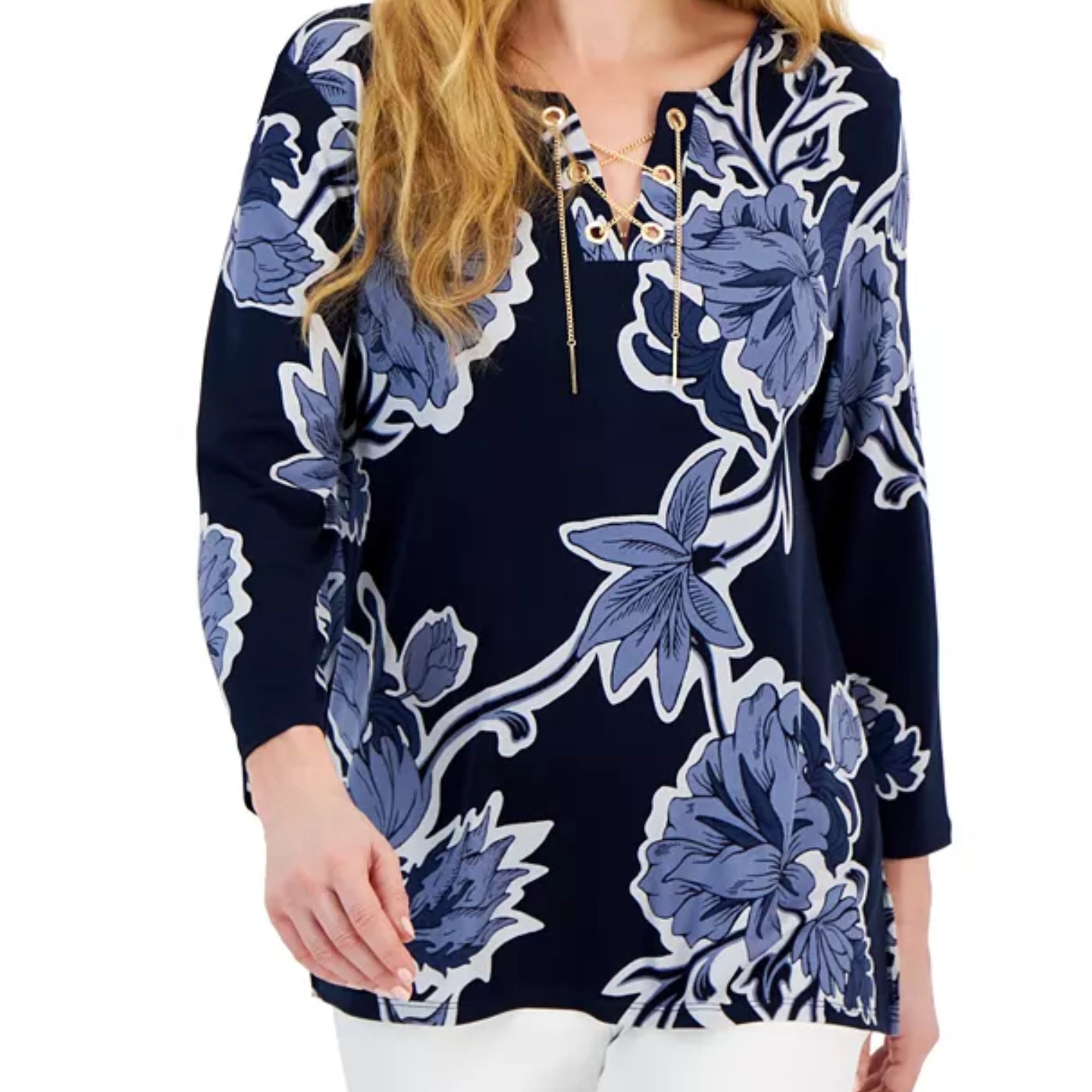 JM Collection Women's 3/4 Sleeve Printed Chain Lace-up Tunic – Intrepid Blue, XL
