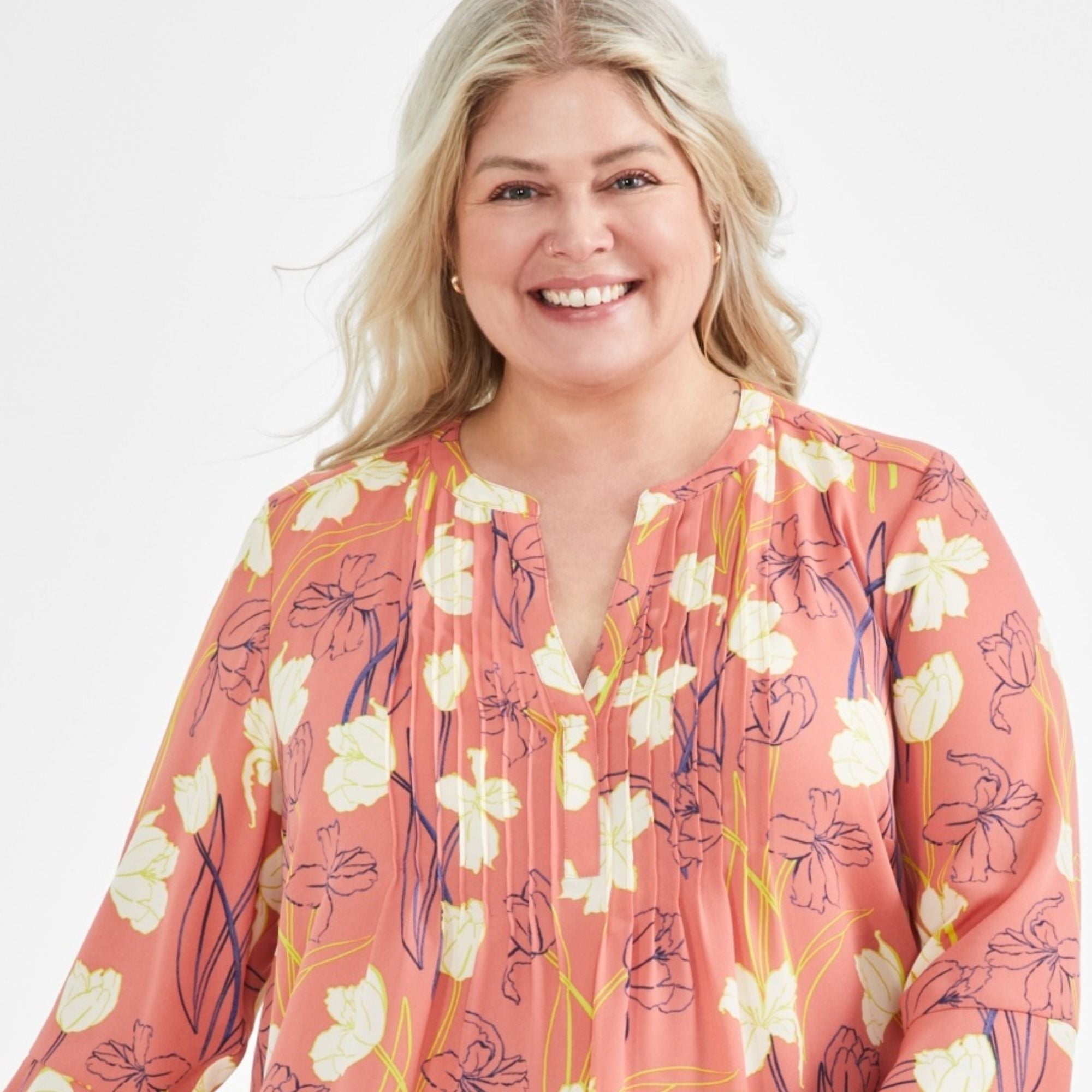 Style & Co Plus Size Printed Pintuck Blouse - Tulip Coral - Size 1X