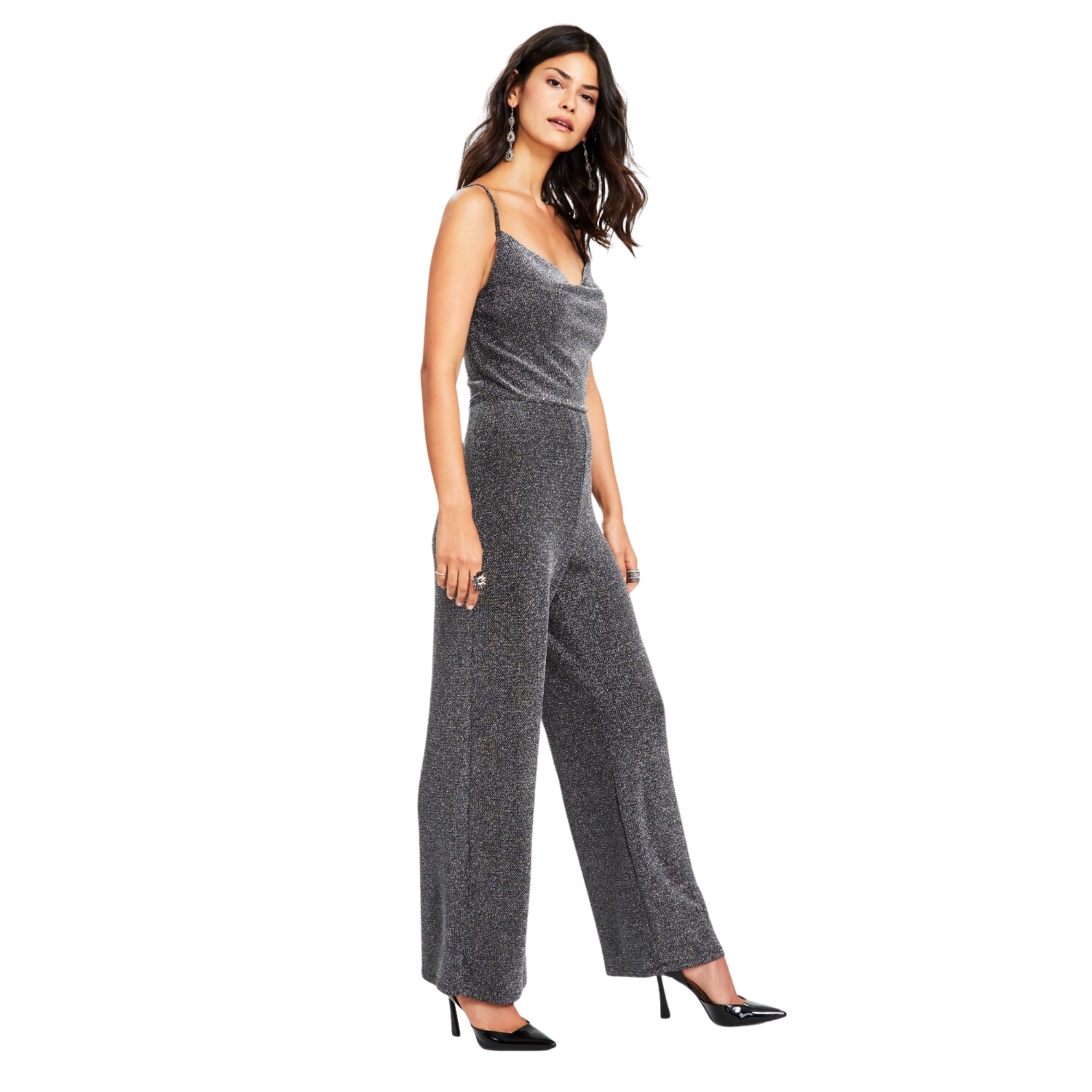 Bar III Women's Cowl Neck Metallic-Knit Jumpsuit – Silver, Size - S