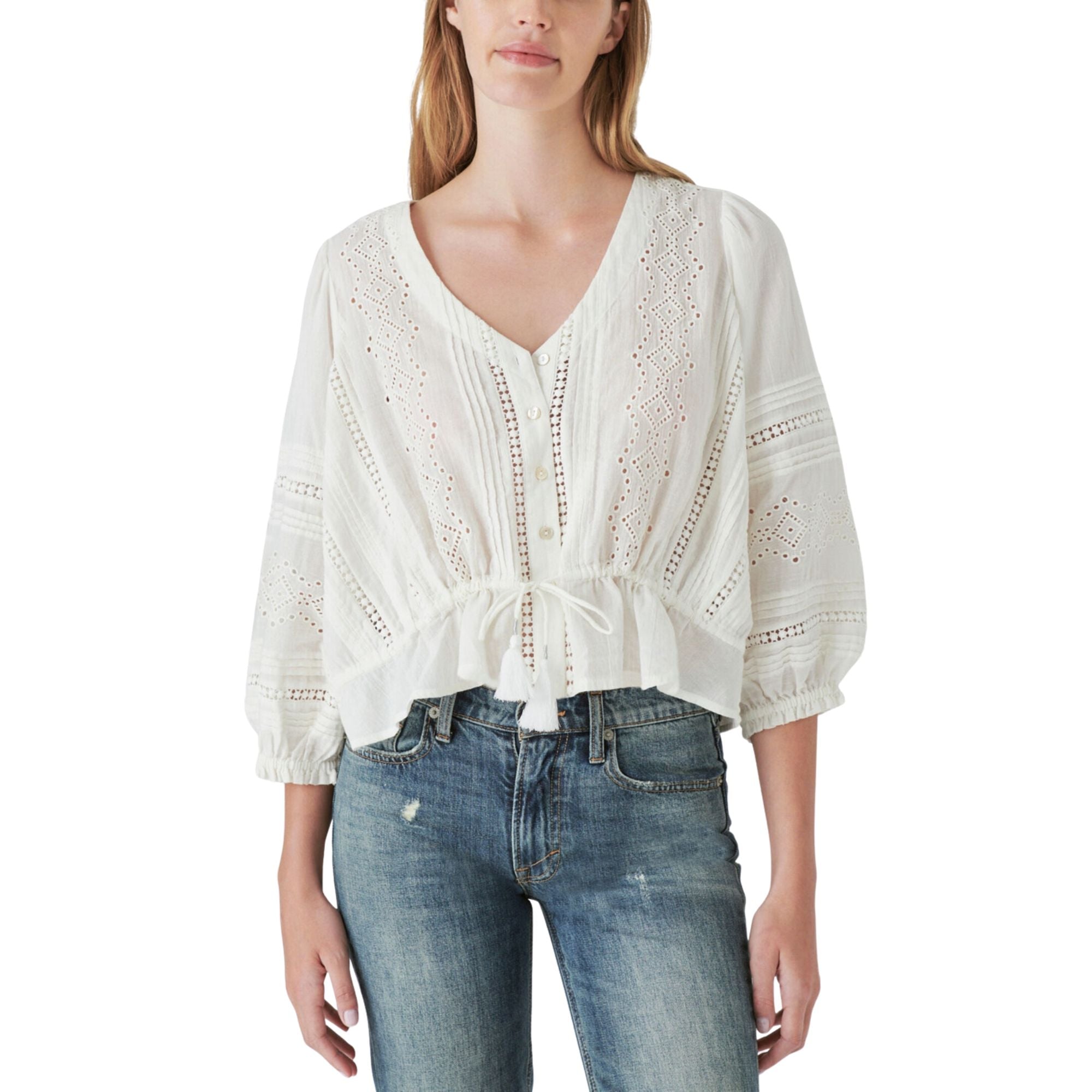 Lucky Brand Women's 3/4-Sleeve Eyelet Top – Ivory, Size Small