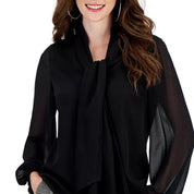Bar III Women's Tie-Neck Sheer Long-Sleeve Blouse – Black, Size XXS
