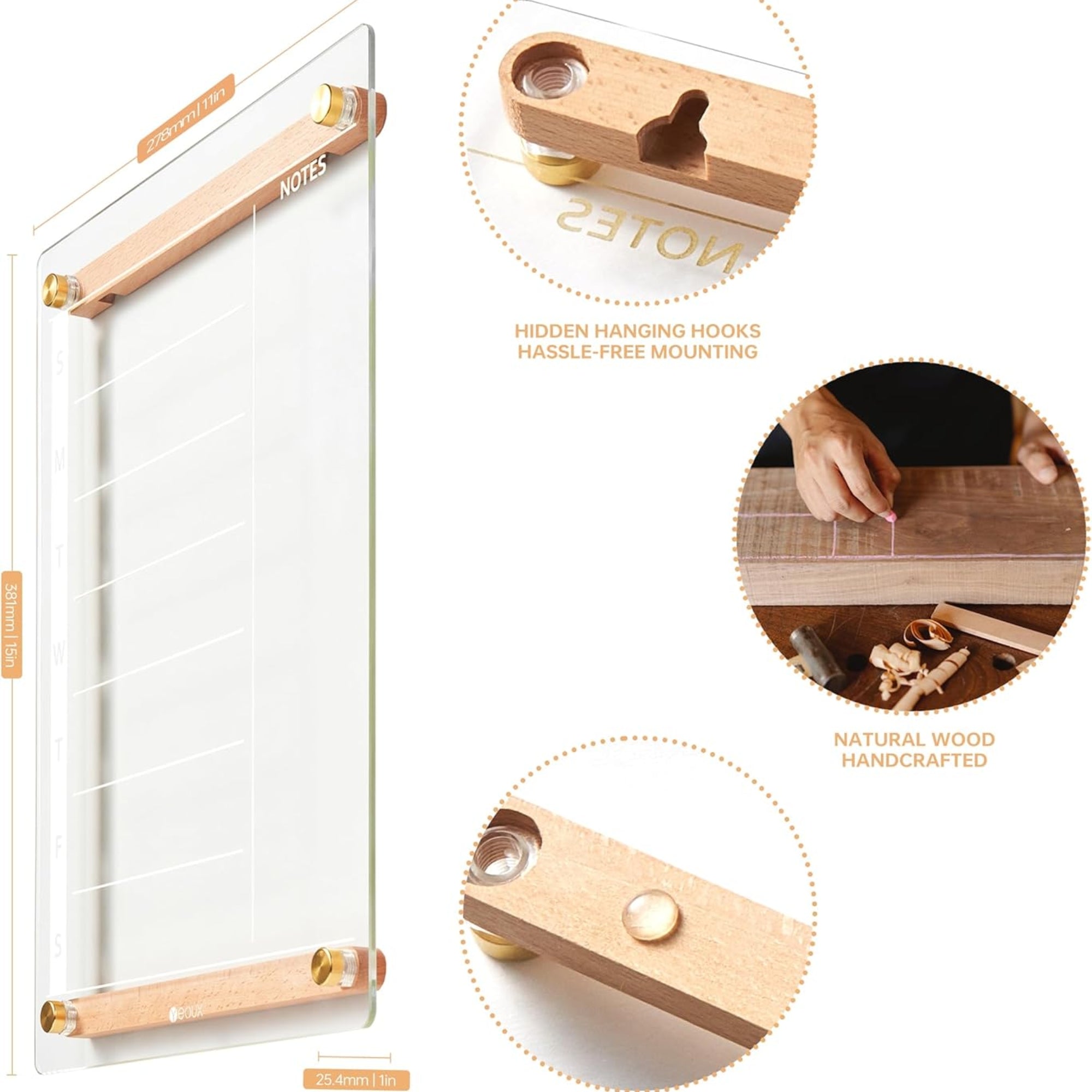 YEOUX Clear Glass Weekly Dry Erase Calendar – 15" x 11" Wall Whiteboard with Wood Trim