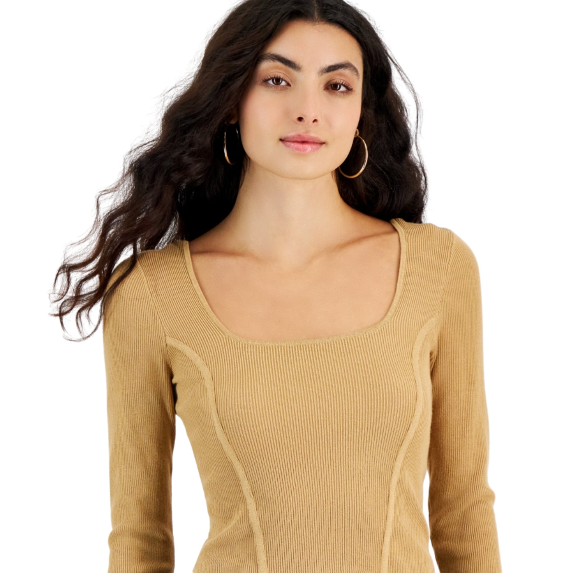 Bar III Women's Ribbed Square-Neck Long-Sleeve Sweater – Riviera Dune, Size - XL