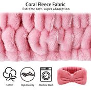 LAPOHI 3-Piece Spa Headband & Wristband Set – Fluffy Pink Skincare Accessories with Bow for Women & Girls