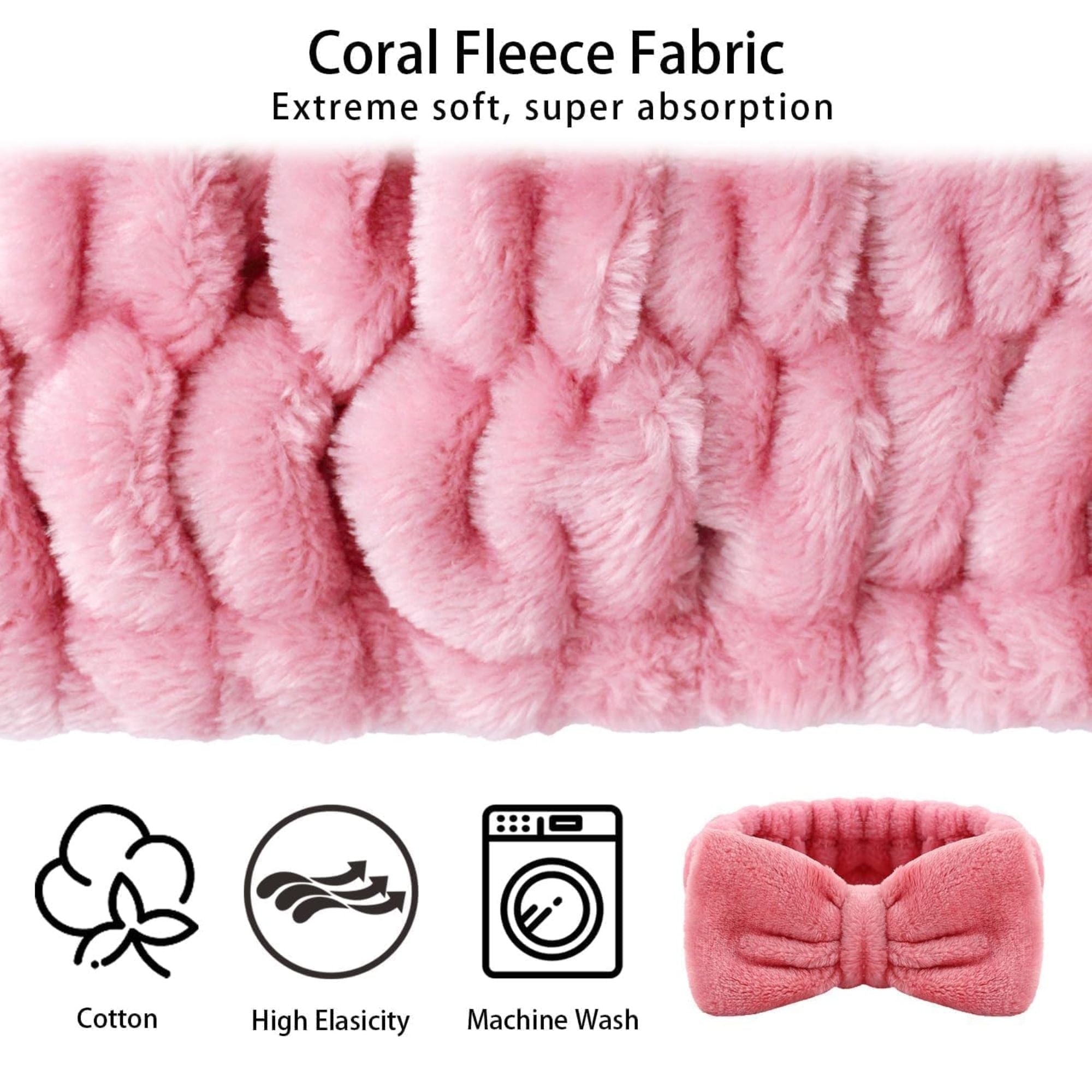 LAPOHI 3-Piece Spa Headband & Wristband Set – Fluffy Pink Skincare Accessories with Bow for Women & Girls