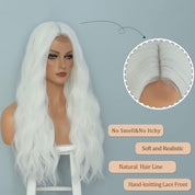 YBYMCAI Long White Wavy Wig – 26" Middle Part Cosplay Wig, Heat Resistant Synthetic Fiber, Modern Style