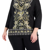 JM Collection Plus Size Printed Border-Hem Jacquard Top – Deep Black, Size - 1X