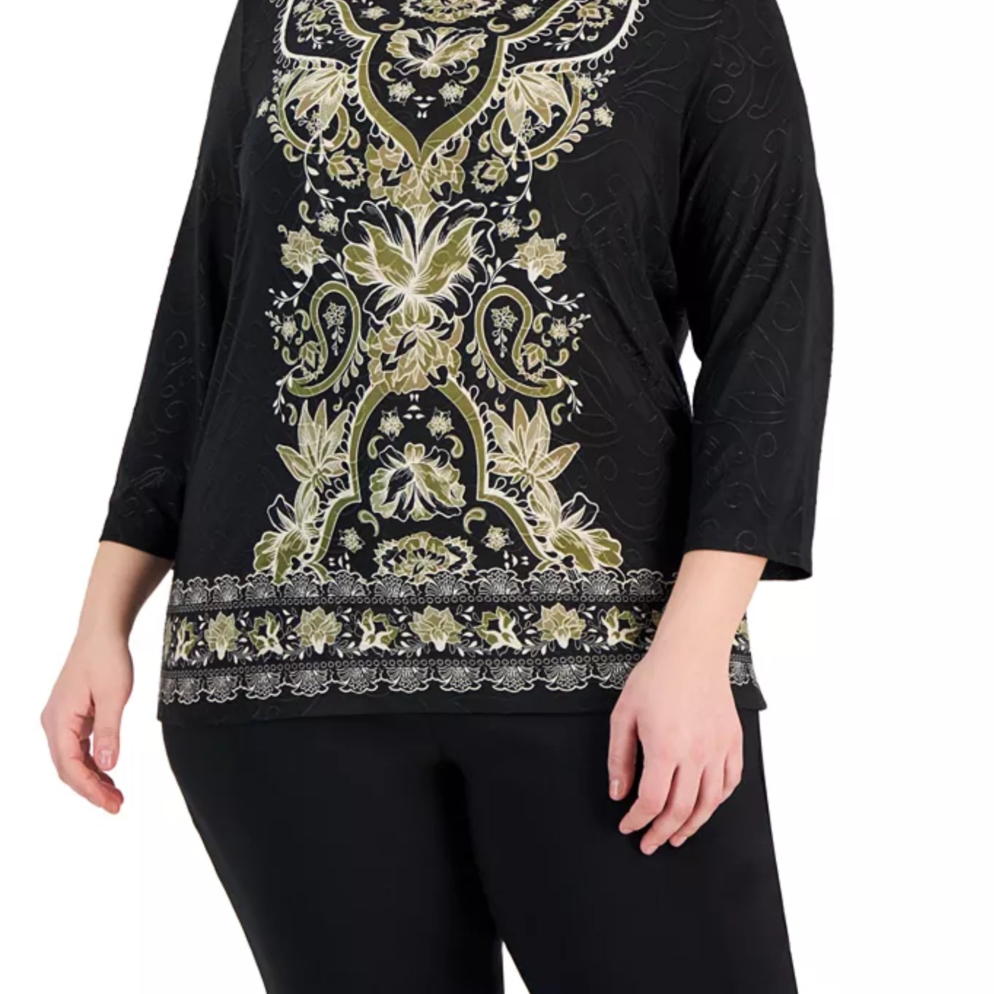 JM Collection Plus Size Printed Border-Hem Jacquard Top – Deep Black, Size - 1X