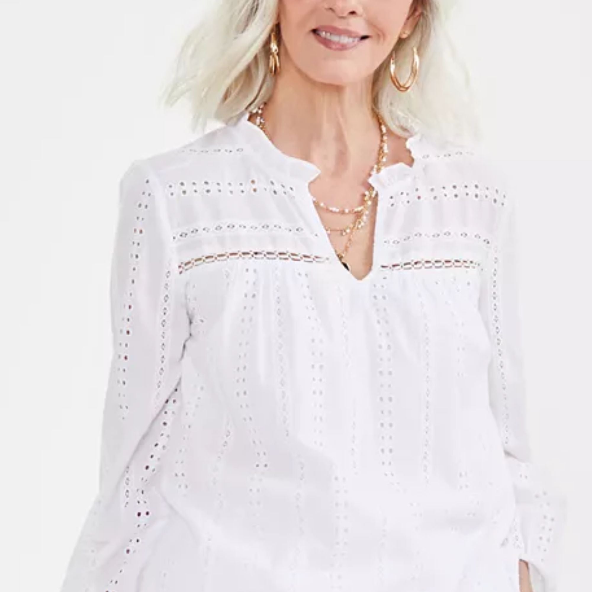 Style & Co Women's Cotton Eyelet Split-Neck Top - White - Size XL