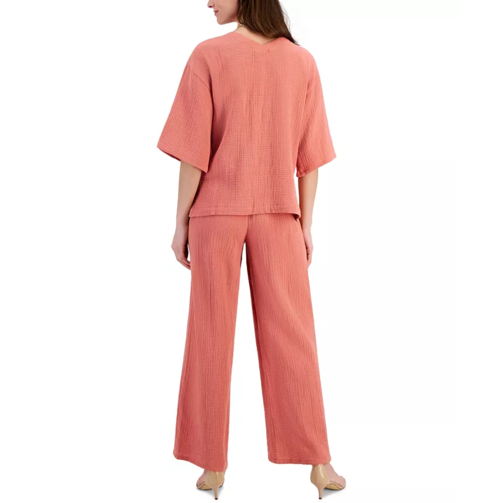 JM Collection Women's Embellished Gauze 3/4 Sleeve Top & Pull-On Pants – Dark Red, Large