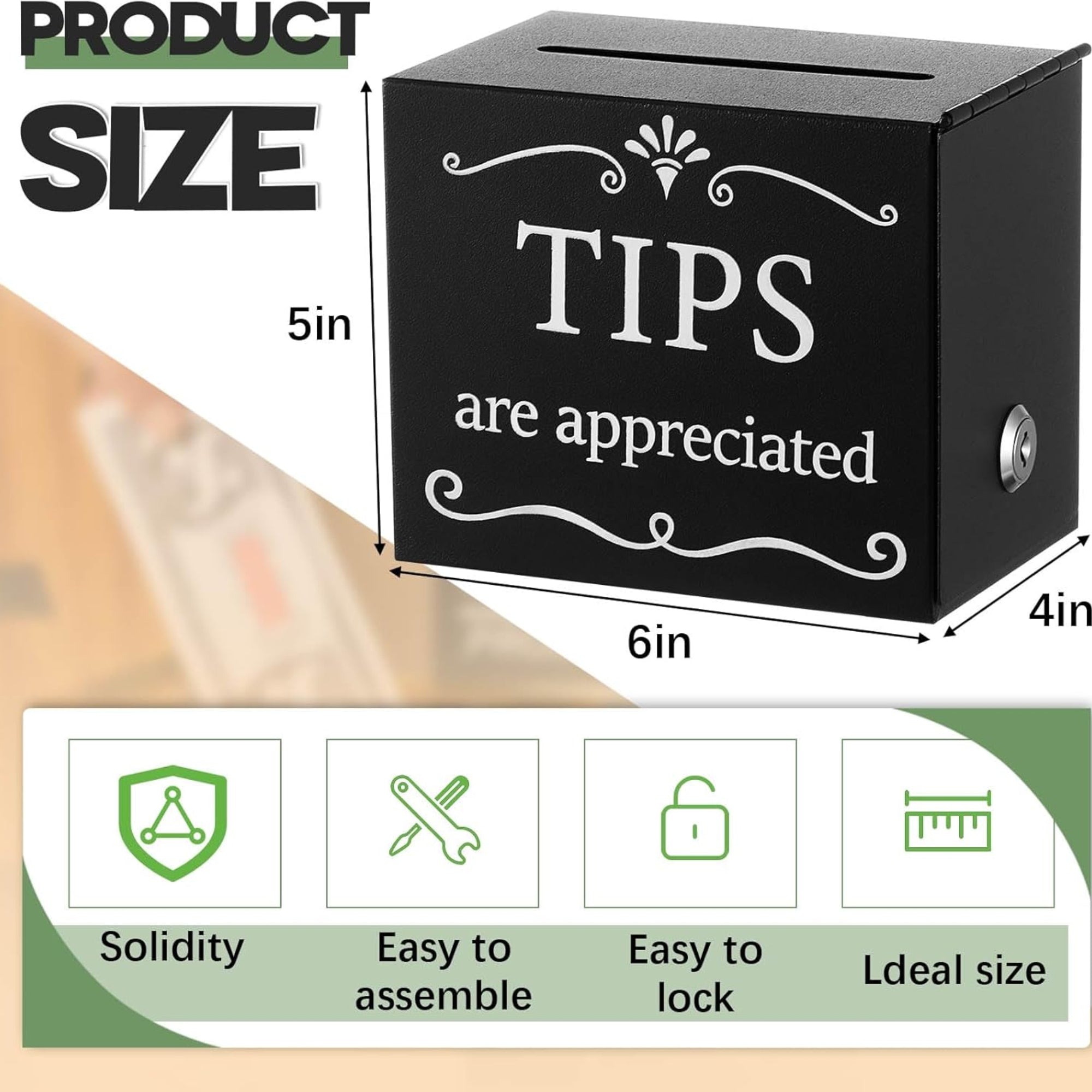 Vesici Metal Tips Jar – 6" x 4" x 5" Donation & Cash Collection Box, Black Metal Container for Bars