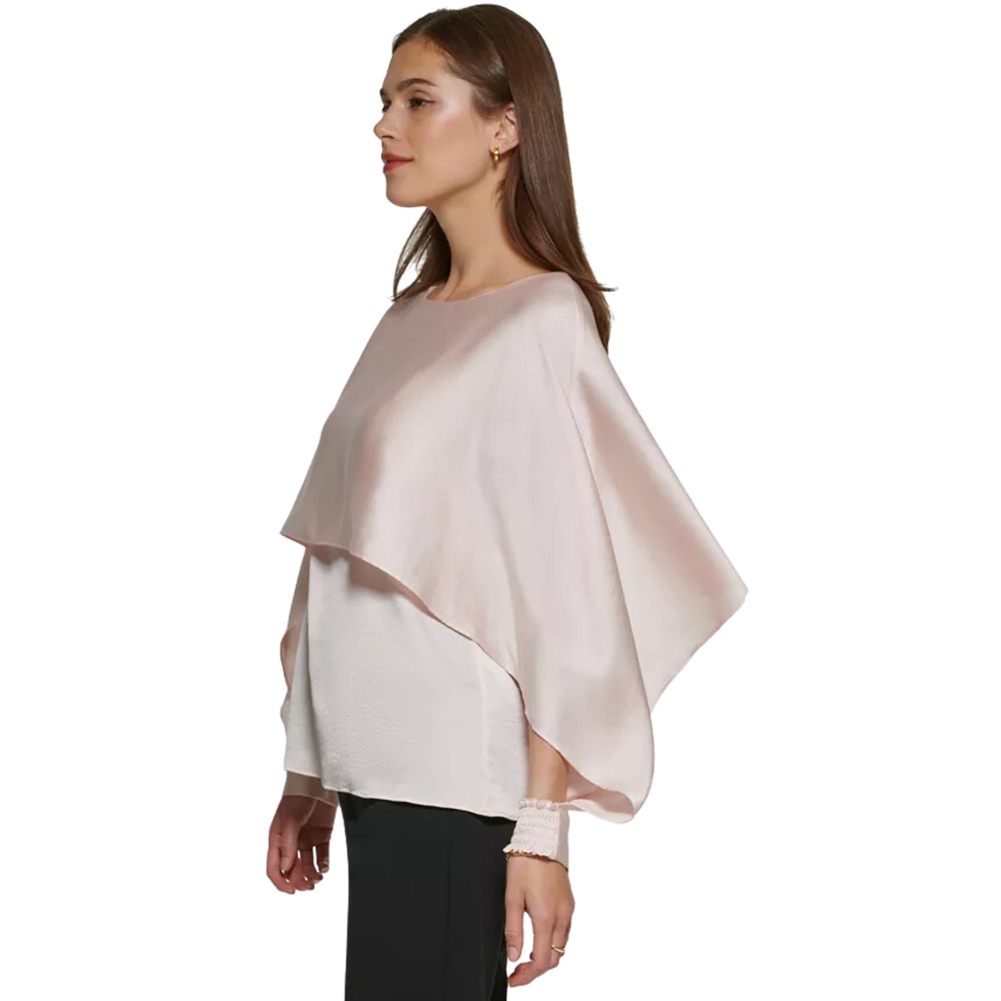 DKNY Women's Cape-Overlay Crewneck Top, Rosette Szie - M