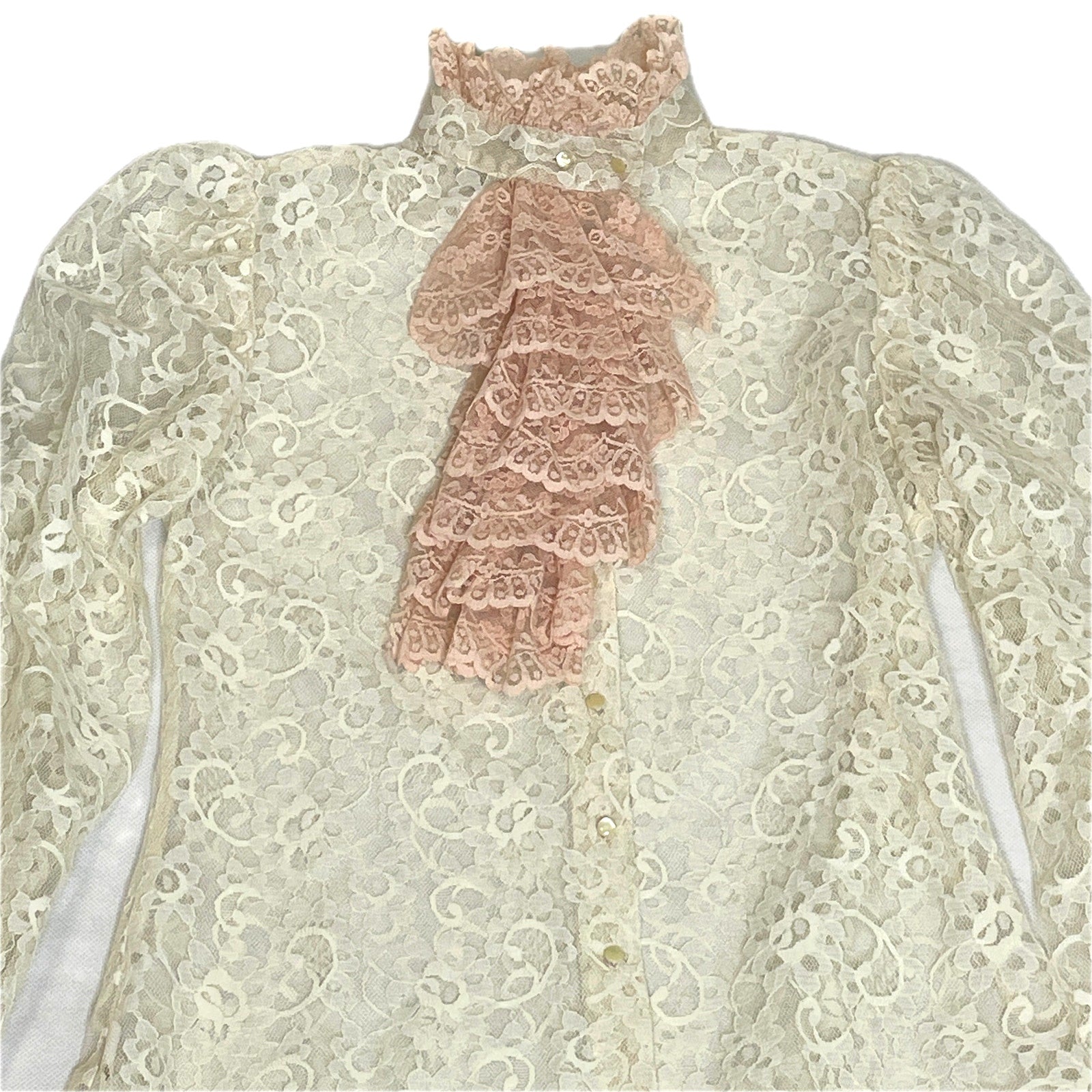 Lord & Taylor Vintage 1980s Cascade Collar Lace Blouse Pearl Buttons Women Small