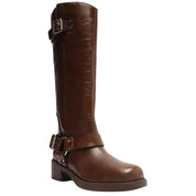 Arezzo Women's Long Shaft Leather Boots with Buckle Detail – Brown, Size 9.5