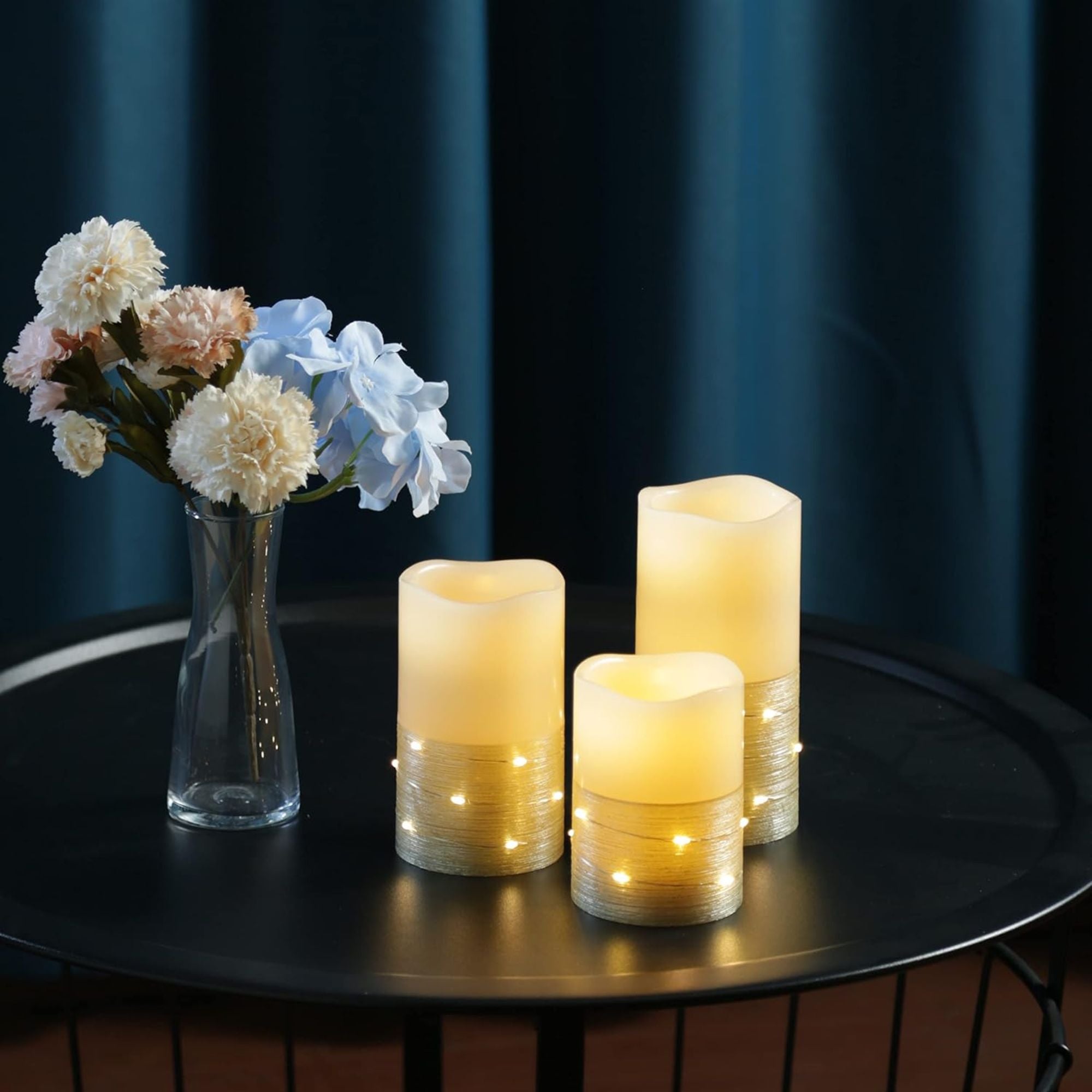 H-BLOSSOM Flickering Flameless Candles, Real Wax Pillar with Embedded String Lights, LED Battery Operated Candles with Remote & 5H Timer - Set of 3 (Gold, 3" x 4"/5"/6")