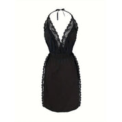 Elegant Women's Black Lace Slit Dress - Deep V-Neck with Lace Trim Size - M