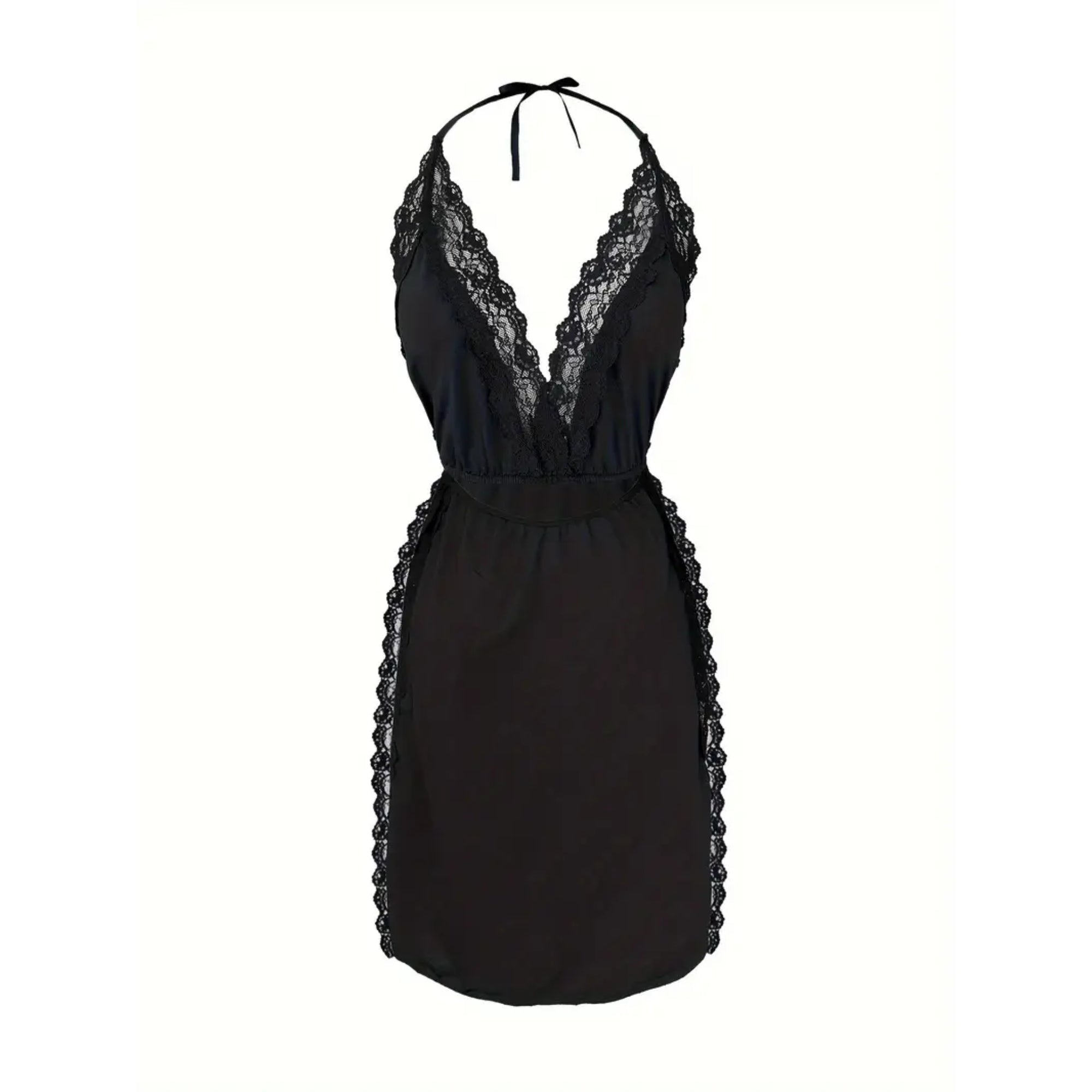 Elegant Women's Black Lace Slit Dress - Deep V-Neck with Lace Trim Size - M