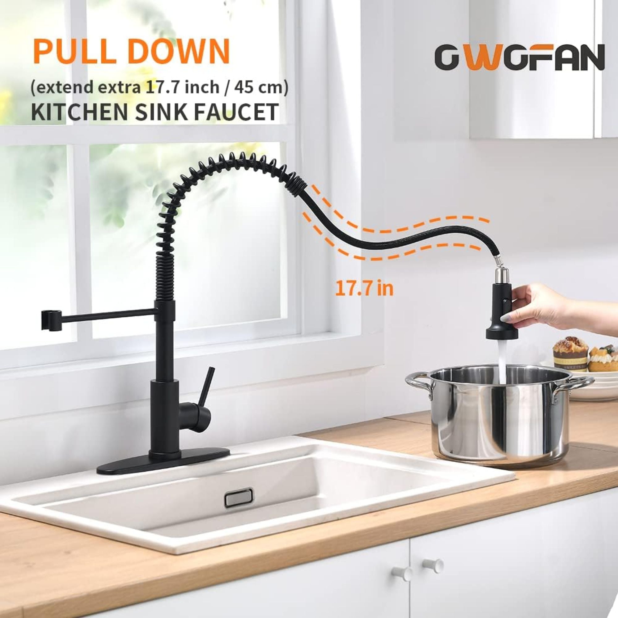 OWOFAN Black Kitchen Faucet with Pull Down Sprayer – Stainless Steel, Single Handle, Dual Function for Farmhouse, RV, Utility, Wet Bar