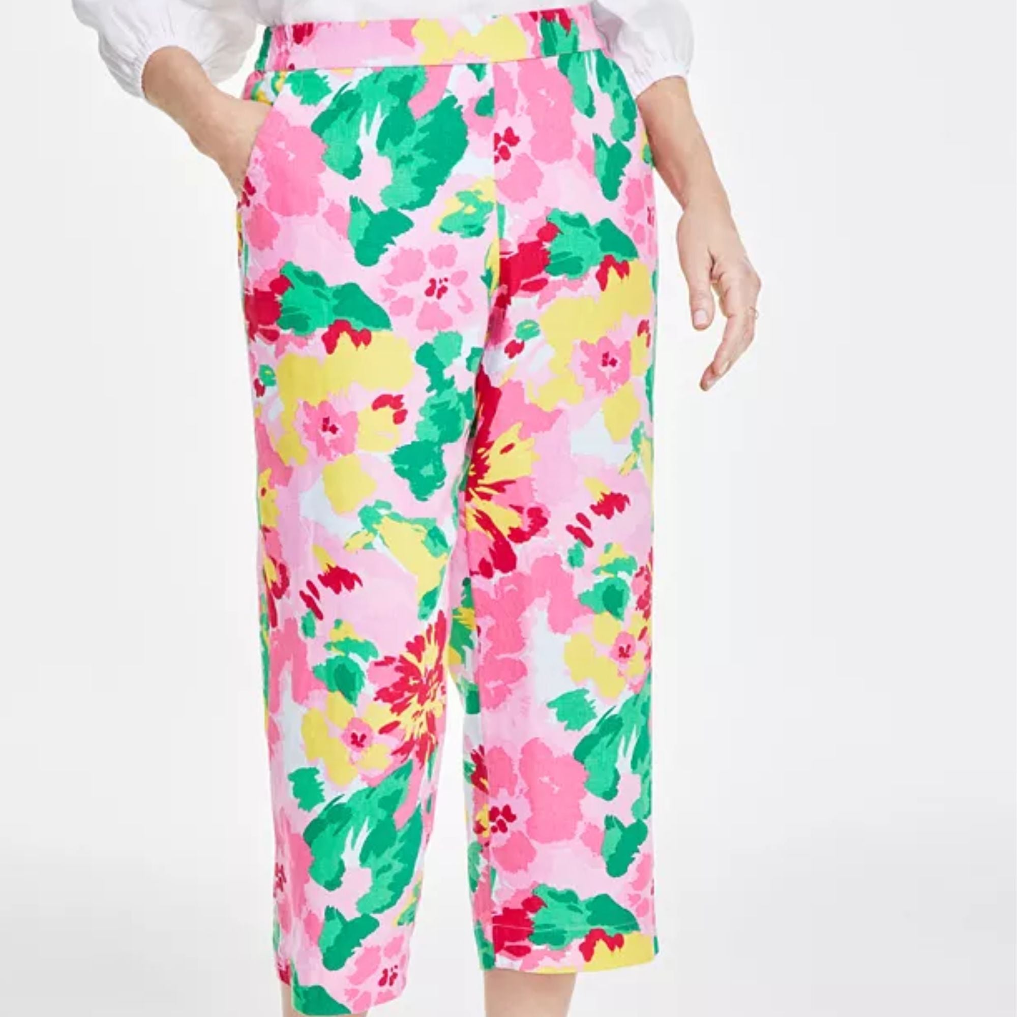 Charter Club Petite 100% Linen Pull-On Printed Cropped Pants – Bubble Bath Combo, Size XL Petite