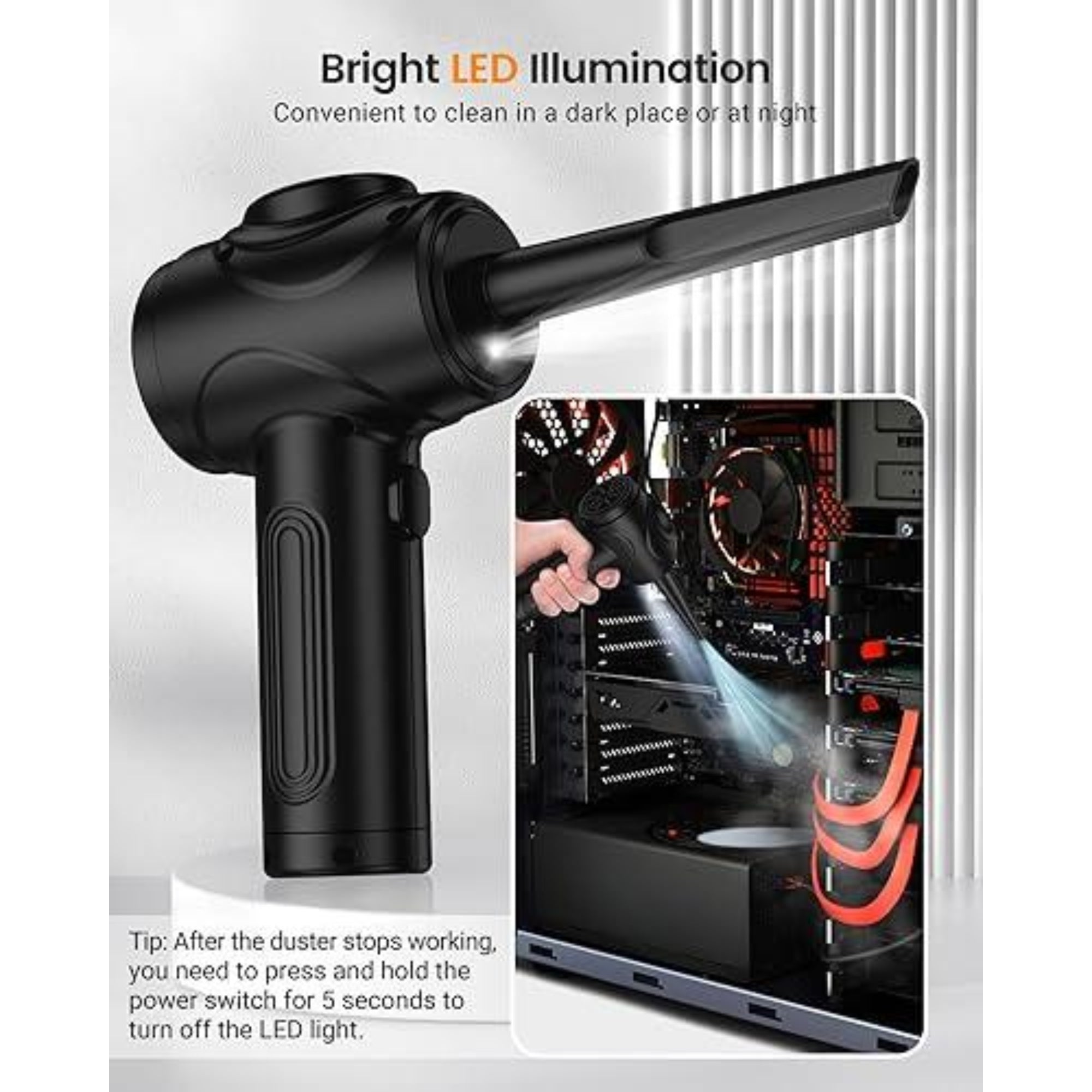 Electric Compressed Air Duster – 100000RPM Cordless Blower with LED Light, 3-Speed Power, 8000mAh Rechargeable Battery – for PC, Keyboard, Car & Electronics (Black)