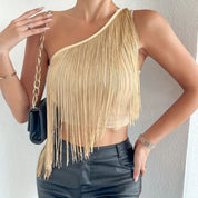 Tassel One Shoulder Tank Top, Medium - Khaki
