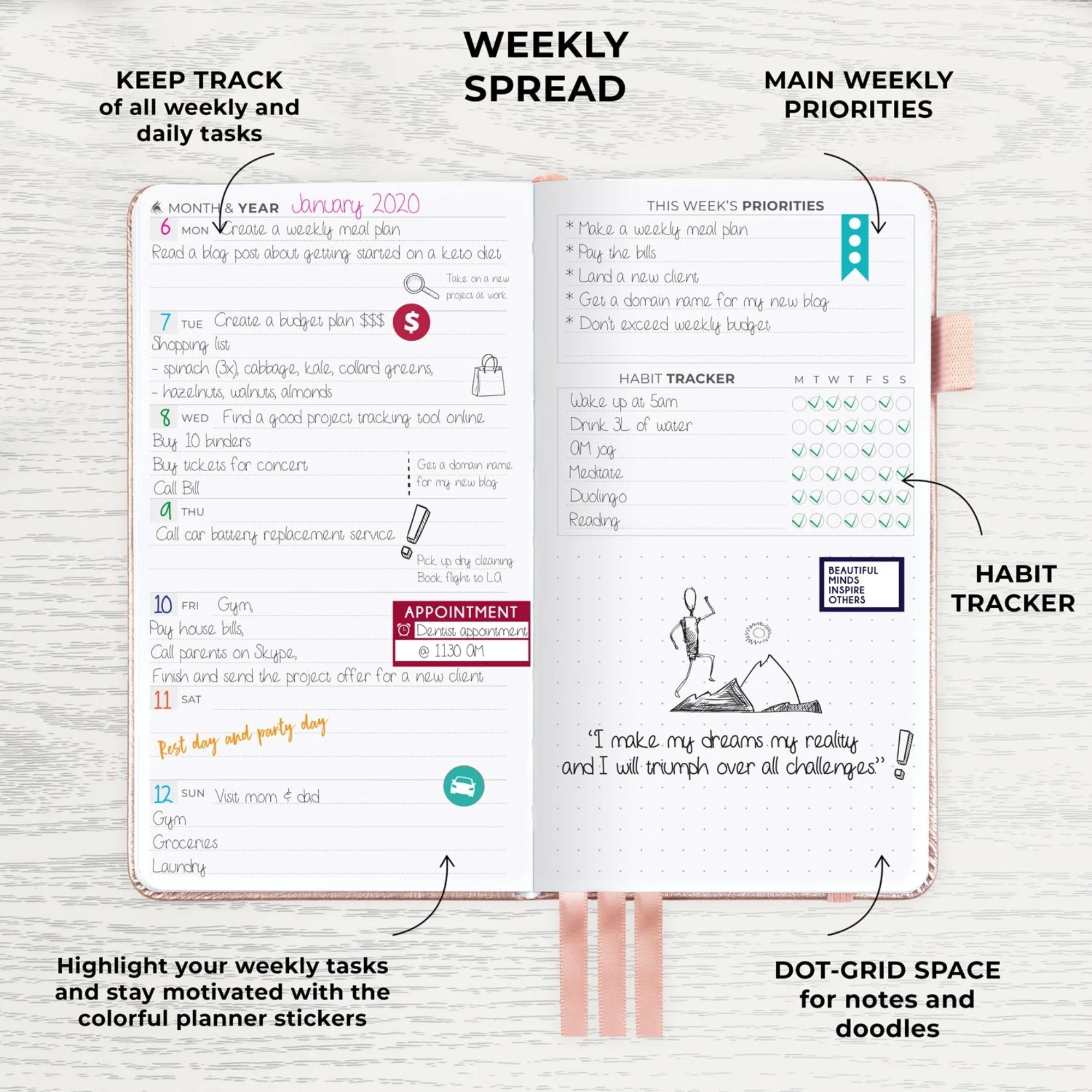 Clever Fox Pocket Planner Weekly – Undated Mini Goal & Productivity Calendar, Purse Size 3.7" x 6.7", Rose Gold