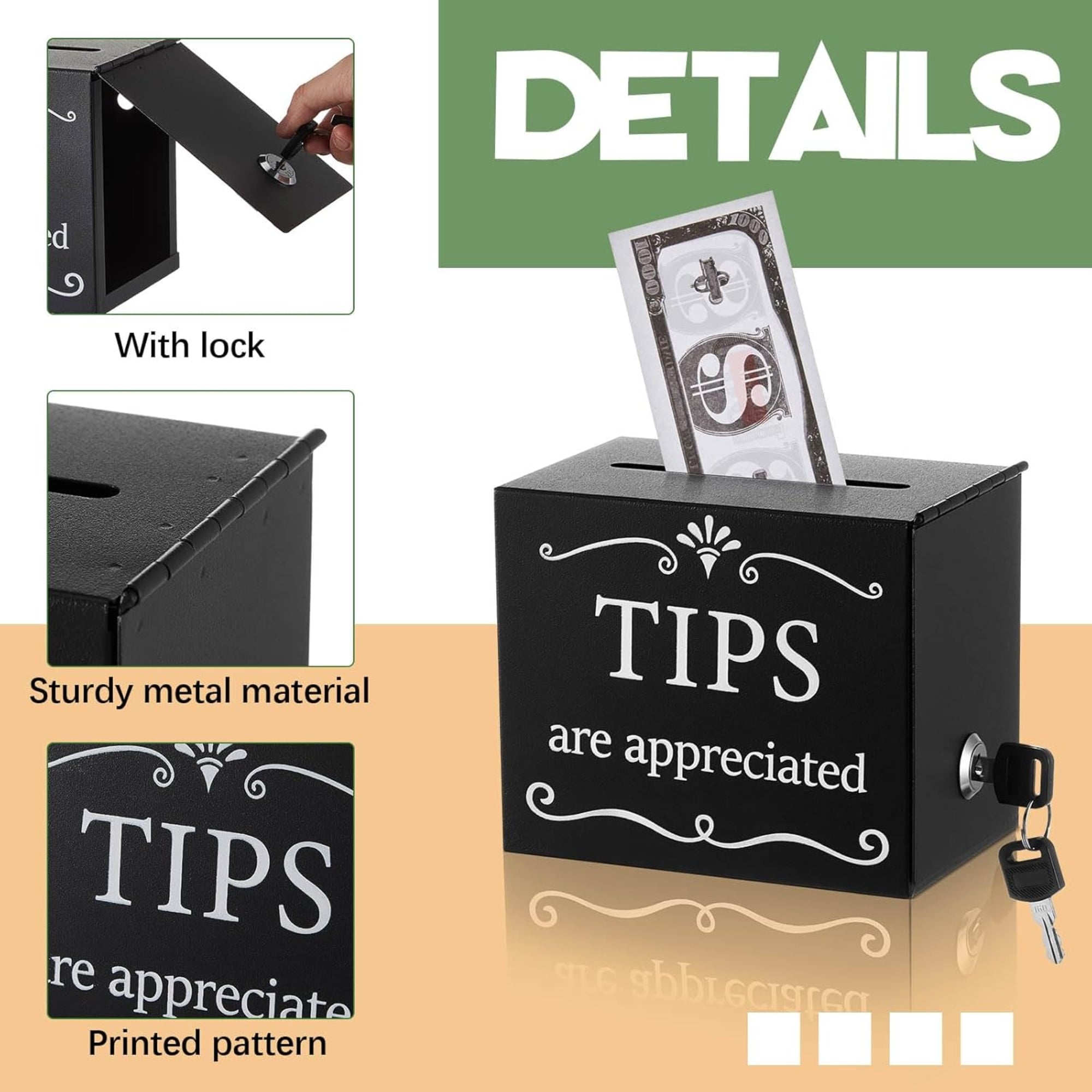 Vesici Metal Tips Jar – 6" x 4" x 5" Donation & Cash Collection Box, Black Metal Container for Bars