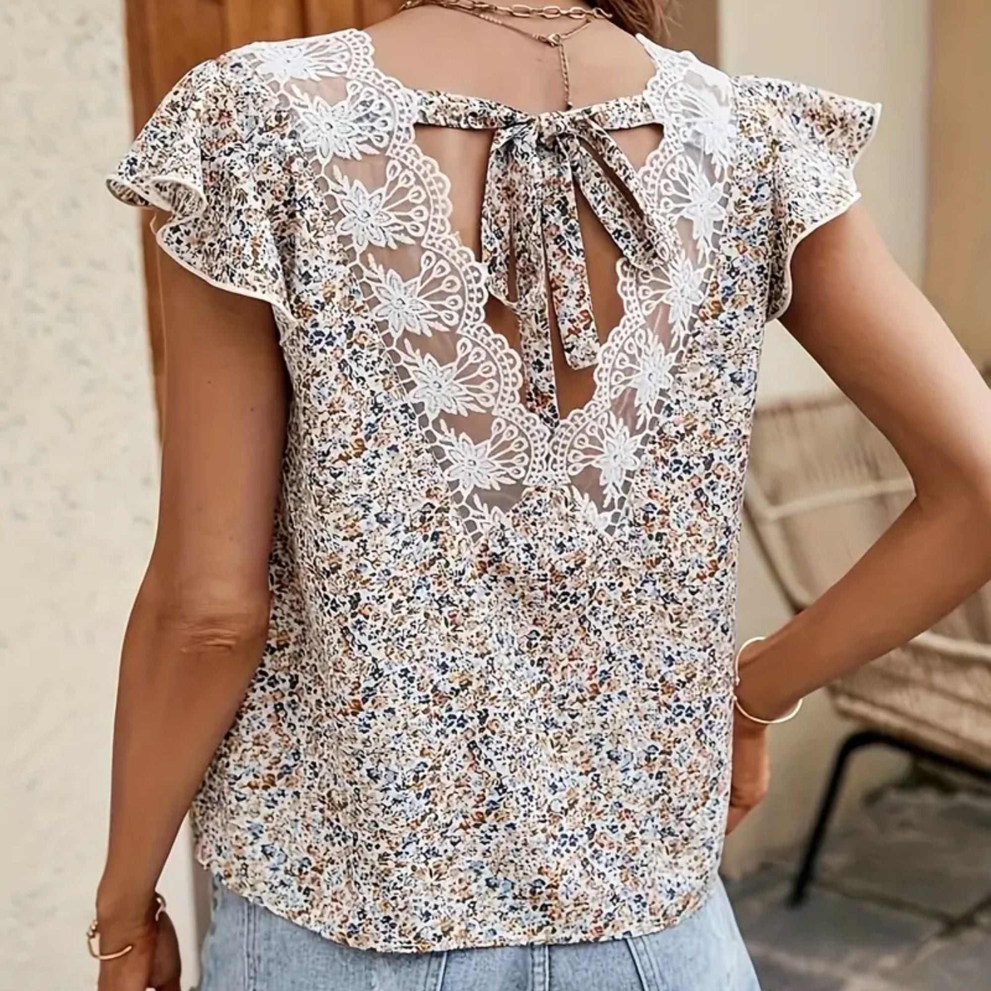 Lace Trim Tie Back Blouse, Casual Ruffle Sleeve Top for Spring & Summer - Medium