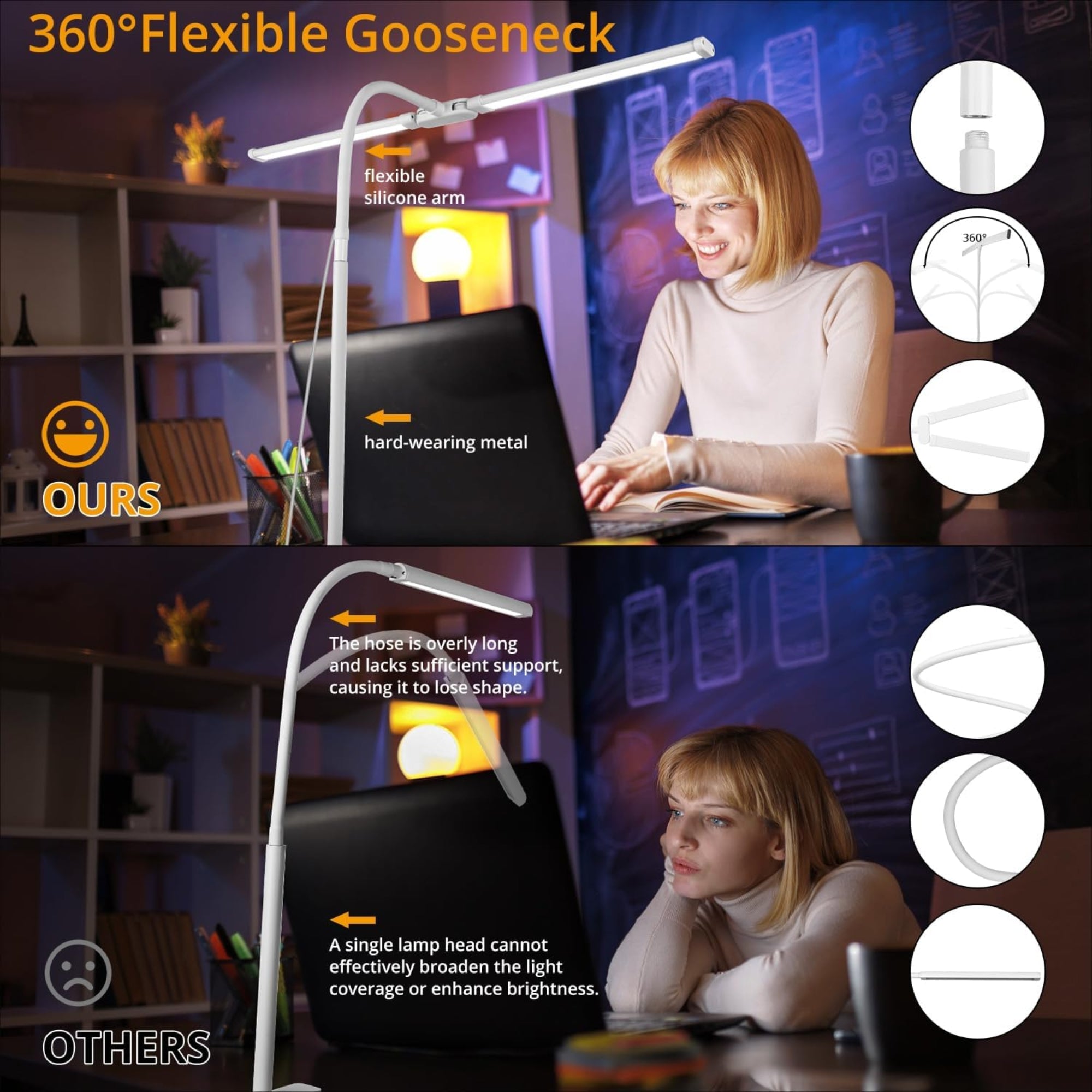 Woputne Desk Lamp Clamp Light – Dual Head, 10W, 3 Modes × 10 Brightness Levels – Black