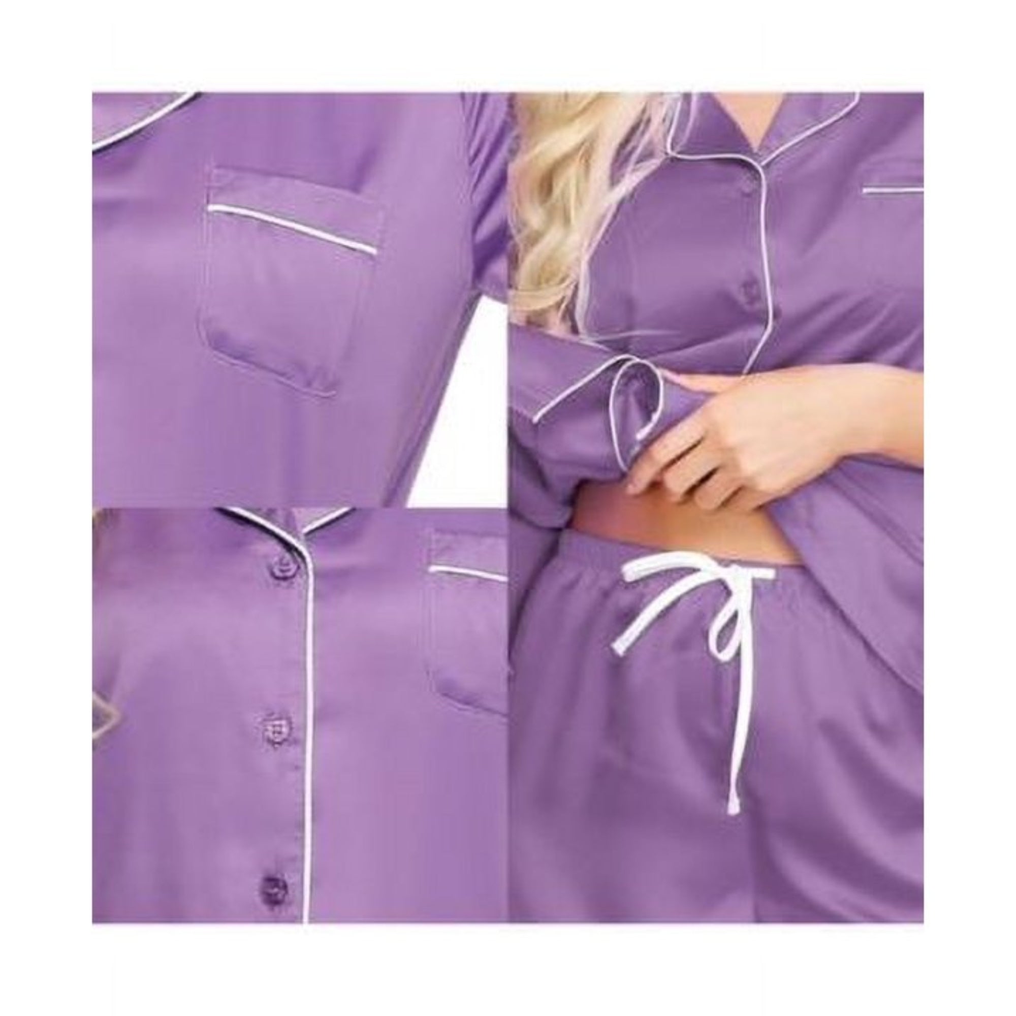 INK + IVY Women's Woven Satin Short Sleeve Notch Collar and Sleep Short Set 2pc Medium
