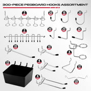 SEDY 300-Piece Pegboard Hook Set - Metal Pegboard Organizer Accessories for Garage, Workshop, Craft Storage - Black