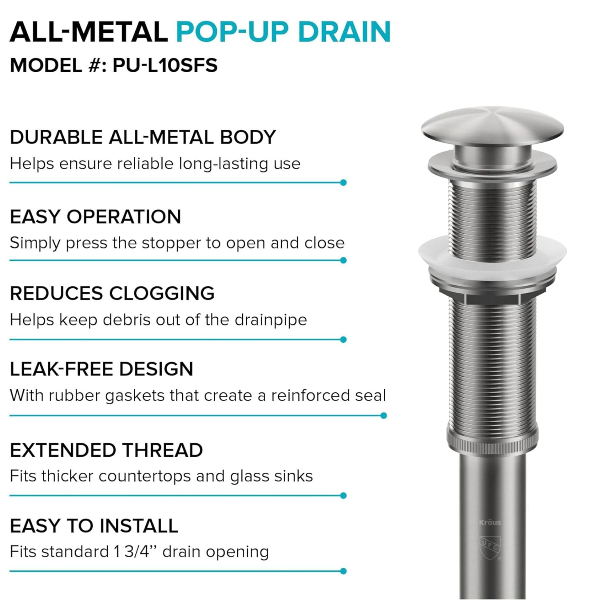 KRAUS PU-10SN Pop-Up Drain in Satin Nickel – Brass Construction, No Overflow