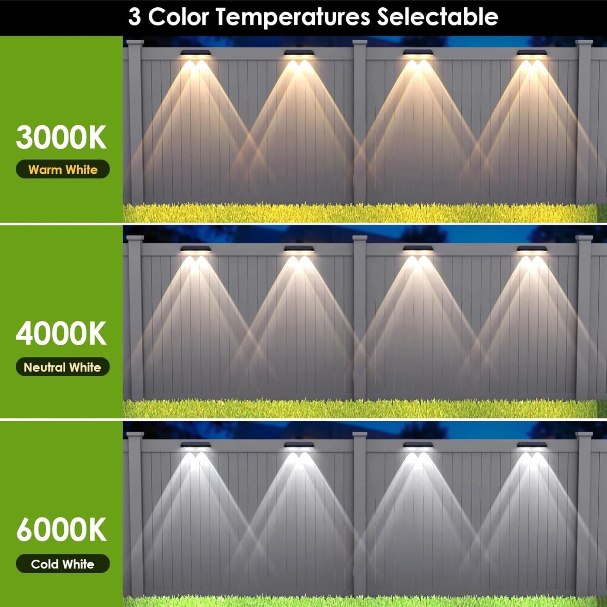 LIANGLOME Solar Fence Lights Outdoor – 3-Color Modes (2700K/4000K/6000K), IP65 Waterproof Step & Deck Lights Pack of 8