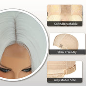 YBYMCAI Long White Wavy Wig – 26" Middle Part Cosplay Wig, Heat Resistant Synthetic Fiber, Modern Style