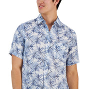 Club Room Men's Classic-Fit Leaf Print Linen Short-Sleeve Shirt, Blue - Size Small